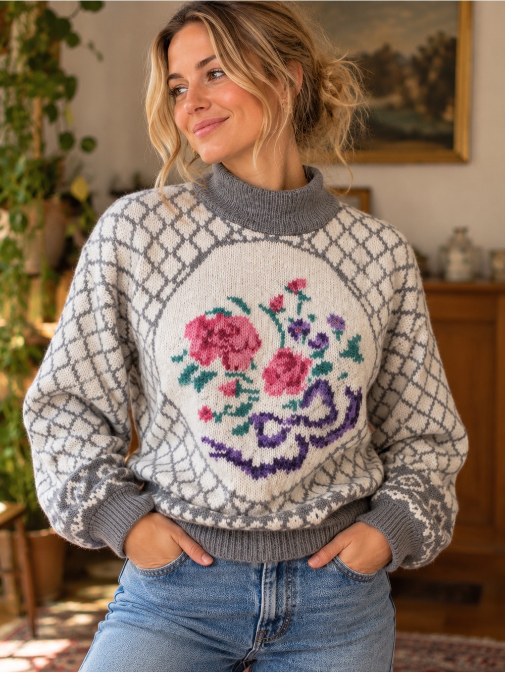 Vintage Floral Knit Sweater | Cottagecore Grey | L / G